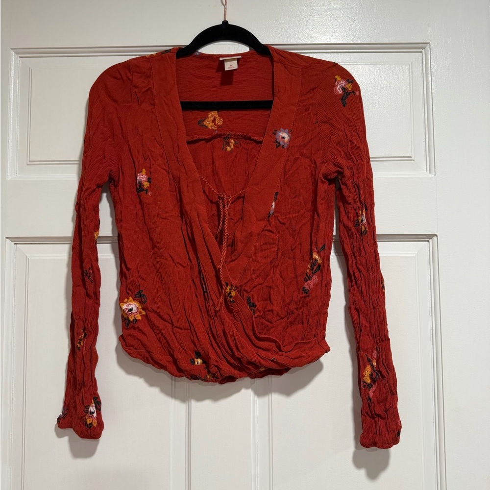 Mossimo Supply Co. Rust Red Floral Embroidered Wrap Blouse